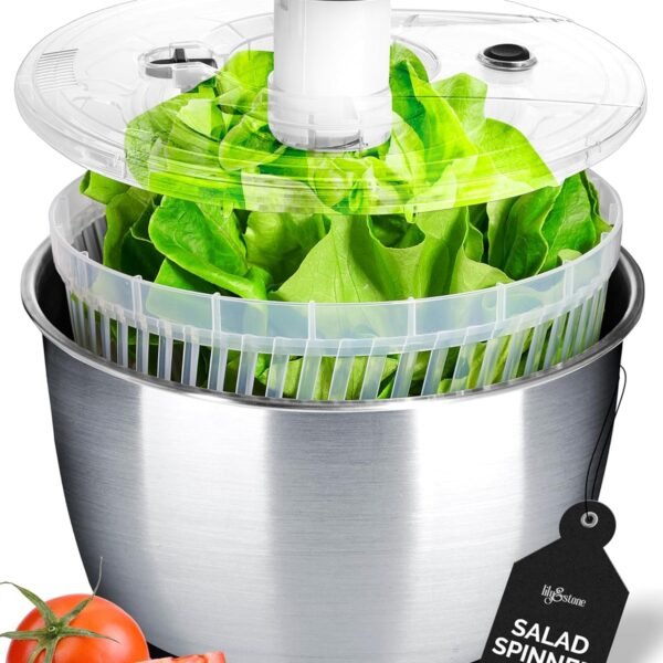 lily&stone Large Stainless Steel Pump Salad Spinner with Drain, Bowl, and Colander - Quick and Easy Multi-Use Lettuce Spinner, Vegetable Dryer, Fruit Washer, Pasta and Fries Spinner - 6.33 Qt