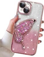 mobistyle Leather Designed For iPhone 13 Cover With Glitter Cute Butterfly Electroplate Plating Design Back Cover Case For Women Teen Girls (Pink)