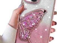 mobistyle Leather Designed For iPhone 13 Cover With Glitter Cute Butterfly Electroplate Plating Design Back Cover Case For Women Teen Girls (Pink)