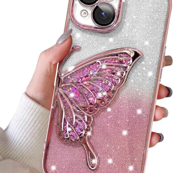 mobistyle Leather Designed For iPhone 13 Cover With Glitter Cute Butterfly Electroplate Plating Design Back Cover Case For Women Teen Girls (Pink)