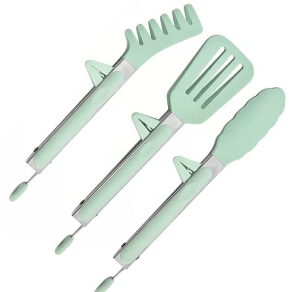 pepplo 3in1 Silicone Kitchen Cooking Tongs Set, Stainless Steel Nonstick Food Tong Silicone Tips for Serving Spaghetti Steak Pizza Salad(Green)
