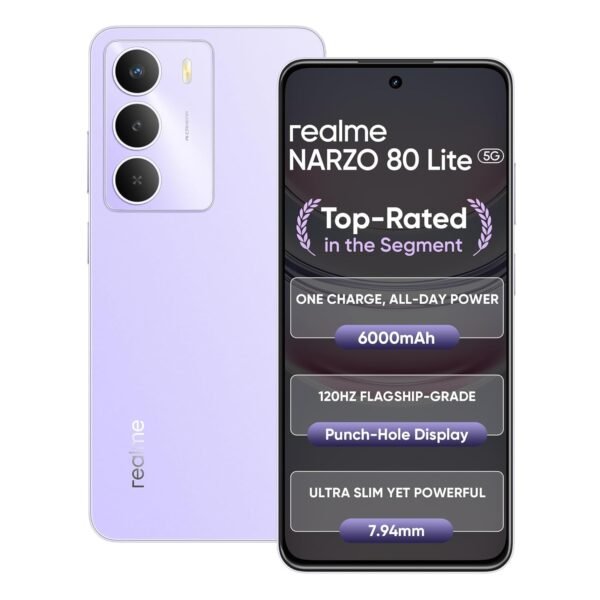 realme NARZO 80 Lite 5G (Crystal Purple, 4GB+128GB) | 6000mAh Long-Lasting Battery | MediaTek Dimensity 6300 5G | AI Assist | IP64 Rated Water & Dust Resistance | Military-Grade Durability