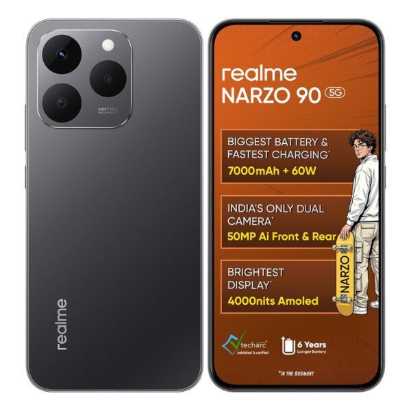 realme NARZO 90 5G (Carbon Black,6GB+128GB) | 7000mAh Biggest Battery | 60W Fastest Charging | 50MP Front & Rear AI Cameras | 4000nits Brightest Display | AI Assist | IP69 Dust & Water Resistance