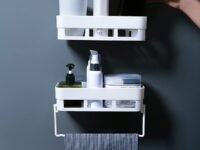 wolpin Plastic Rectangular Multipurpose Wall Shelves with Towel Hanger | Self-Adhesive Sticker Hooks & Bathroom Storage Rack | Strong Shower Shelf (White, 2 Pieces)