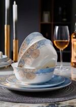 12-Piece Bone China Dinnerware Set for 4 – Includes Round Plates and Soup Bowls, Microwave and Dishwasher Safe, Chip Resistant, Ideal for Everyday, Christmas & Weddings(Blue)