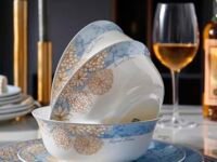 12-Piece Bone China Dinnerware Set for 4 – Includes Round Plates and Soup Bowls, Microwave and Dishwasher Safe, Chip Resistant, Ideal for Everyday, Christmas & Weddings(Blue)