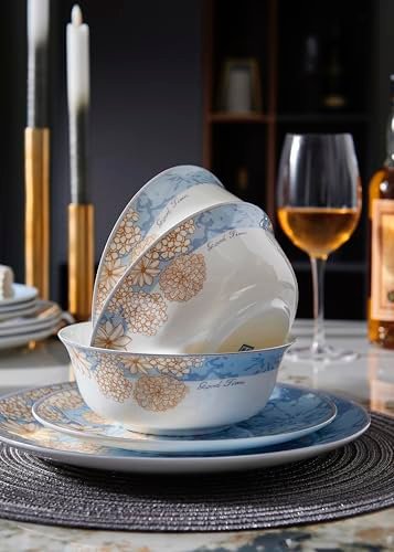 12-Piece Bone China Dinnerware Set for 4 – Includes Round Plates and Soup Bowls, Microwave and Dishwasher Safe, Chip Resistant, Ideal for Everyday, Christmas & Weddings(Blue)