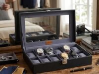 LEDO Men's and Women's Watch Box Holder Organizer Case In 12 Slots of watches In PU Leather with Black & Gray
