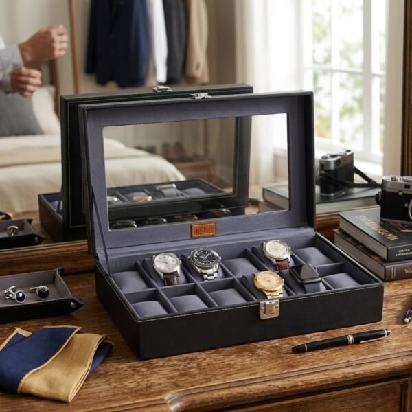 LEDO Men's and Women's Watch Box Holder Organizer Case In 12 Slots of watches In PU Leather with Black & Gray