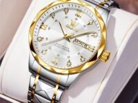 OLEVS Men's Business Watch Gold Blue with Large Easy-Read Analog Quartz Date Display Luxury Stainless Steel Band Waterproof Luminous Hands