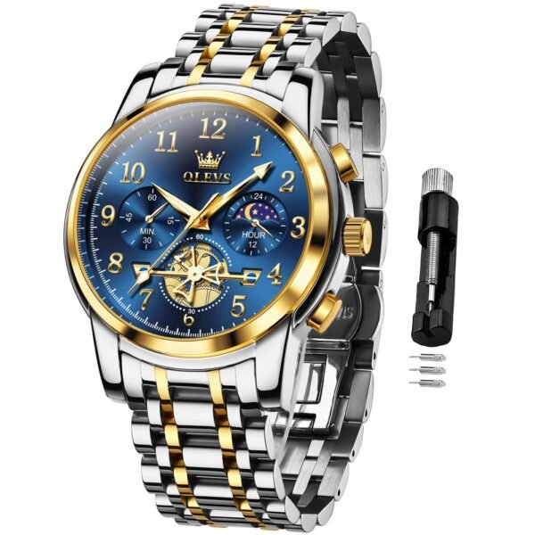 OLEVS Men's Business Watch Gold Blue with Large Easy-Read Analog Quartz Date Display Luxury Stainless Steel Band Waterproof Luminous Hands