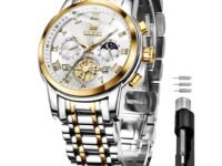 OLEVS Watches for Men Chronograph Business Wrist Watches Analog Quartz Moon Phase Stainless Steel Waterproof Luminous Dress Watches