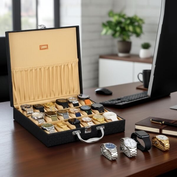 LEDO Men's and Women's Watch Box Holder Organizer Case In 18 Slots of watches In PU Leather with Royal Black & Cream color