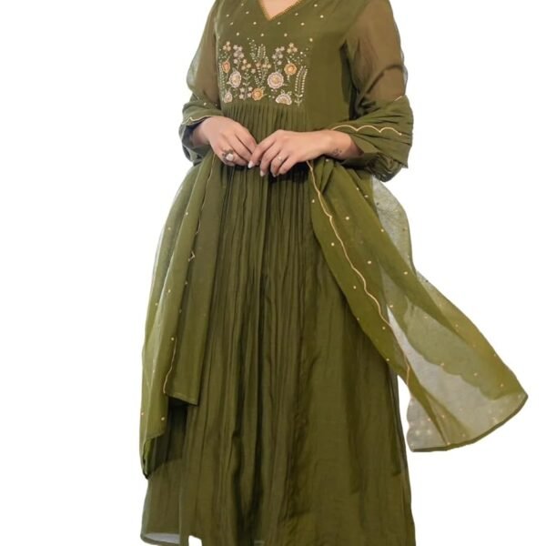 Nermosa Women Embroidery Solid Anarkali Kurta and Pant Set with Dupatta