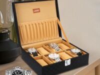 LEDO Men's and Women's Watch Box Holder Organizer Case In 8 Slots of watches In PU Leather with Royal Black & Cream color