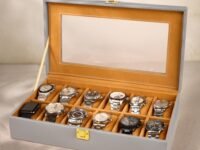 Birch & Co. Watch Box Organizer – 12 Slot Display Case with Glass Lid, PU Leather, Soft Velvet Interior – Elegant Storage for Men’s & Women’s Watches, Jewelry & Accessories – Gift-Ready Case, Grey