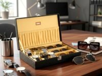 LEDO Watch Box Organizer and Sunglasses Case Holder with 6 Slots for Watches and 3 Slots for Sunglasses Black & Cream Color