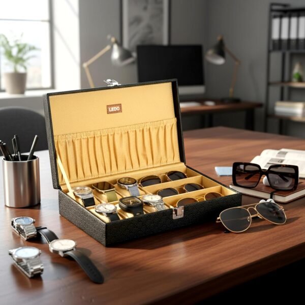 LEDO Watch Box Organizer and Sunglasses Case Holder with 6 Slots for Watches and 3 Slots for Sunglasses Black & Cream Color