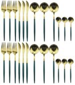 24 PCs Golden Flatware, Silverware Set Cutlery Set Stainless Steel Tableware Kitchen Set Dinnerware Spoon Fork Knife Dinner Set Utensils Set (Green, 24)
