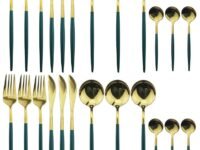 24 PCs Golden Flatware, Silverware Set Cutlery Set Stainless Steel Tableware Kitchen Set Dinnerware Spoon Fork Knife Dinner Set Utensils Set (Green, 24)