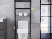 3-Tier Bathroom Over The Toilet Storage Rack Free Standing Metal Frame Shelf Organizer, with 4-Hooks, Black