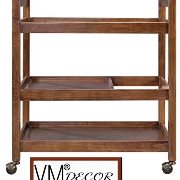 3-Tier Solid Wood Rolling Bar Trolley Wine Serving Trolley, Wheels,Utility Tray, Kitchen Storage Cart, Seasoning Rack on Wheel,for Dining Room Wine Serving Trolley (3 Tier, Brown Finish)