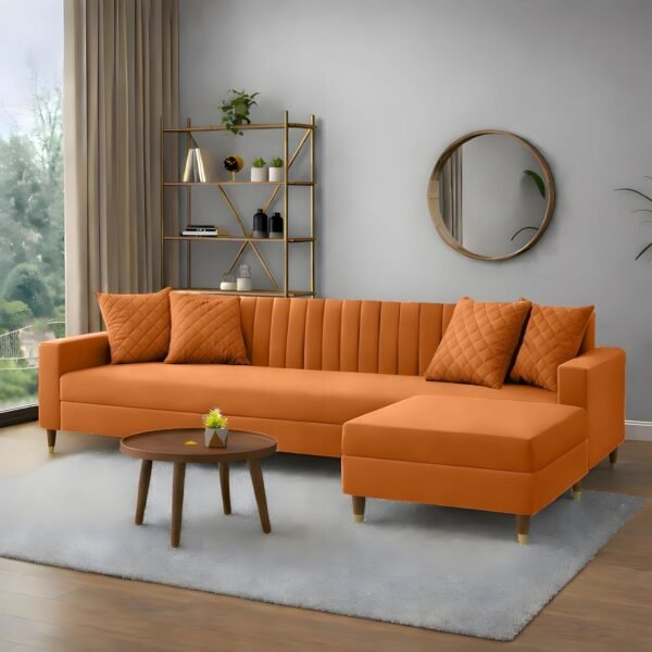 AMATA Elegant 4 Seater L Shape Orange Suede Velvet Fabric Sofa Set with Four Cushions Perfect for Home Office Guests Living Room (02 Orange, L Shape)(03 Year Warranty)