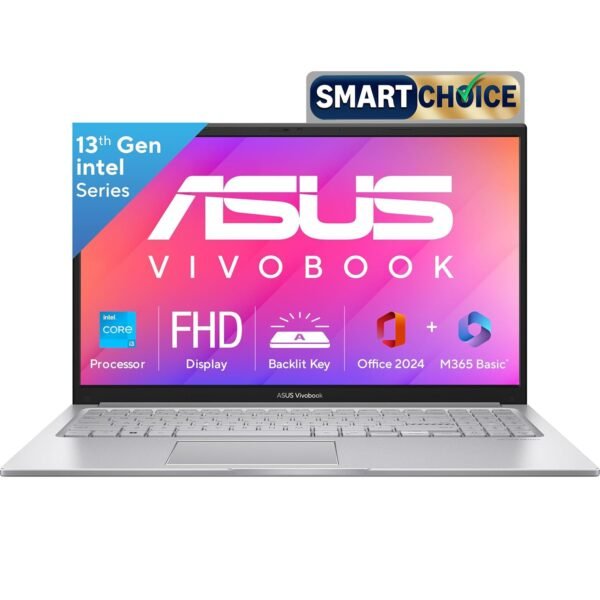 ASUS Vivobook 15, Smartchoice,Intel Core i3 13th Gen 1315U, 12GB RAM, 512GB SSD, FHD 15.6", Windows 11, Office 2024, Cool Silver, 1.7Kg, X1504VA-BQ331WS, Intel UHD iGPU, Thin & Light, 42Whrs Laptop