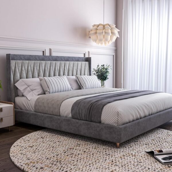 Acacia Modern Upholstered King Size Bed for Bedroom | Wooden Double Bed | Platform Cot Bed with Upholstery Premium Fabric | 6.5 x 6 Ft | Sheesham Solid Wood (Rosewood, Greydust)