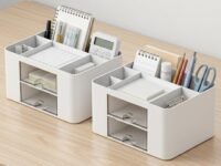 Amazon Basics Desk Organiser with 7 Compartments | 19.7 × 14.2 × 10 cm | White | Durable Plastic | Pack of 2