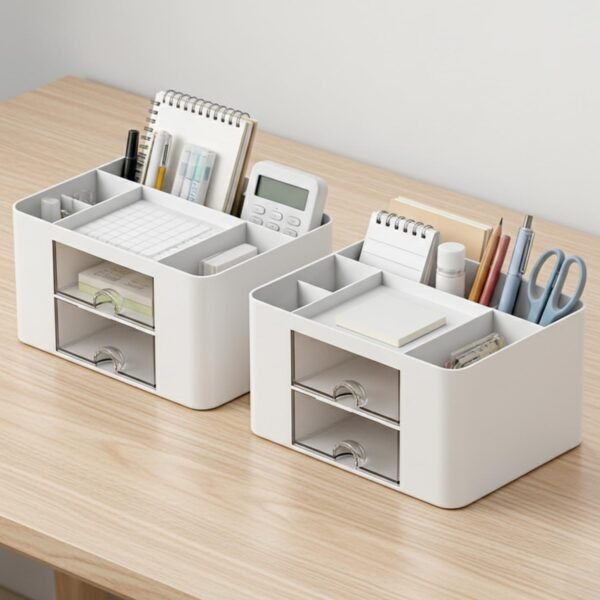 Amazon Basics Desk Organiser with 7 Compartments | 19.7 × 14.2 × 10 cm | White | Durable Plastic | Pack of 2