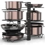 Amazon Brand - Umi 3 DIY Methods Iron Metal Portable Rack Organizer for Pots & Pans | 8 Pans Holder, 4-tiers Each side | Cabinet Pantry Pot Pan Lid Holder (Black)