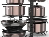 Amazon Brand - Umi 3 DIY Methods Iron Metal Portable Rack Organizer for Pots & Pans | 8 Pans Holder, 4-tiers Each side | Cabinet Pantry Pot Pan Lid Holder (Black)