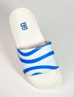 BEL-AIRE Air Slide Sandal with Blue Wave Stripe Strap, White Cushioned Sole, Casual Beach Slipper, Unisex