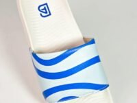 BEL-AIRE Air Slide Sandal with Blue Wave Stripe Strap, White Cushioned Sole, Casual Beach Slipper, Unisex