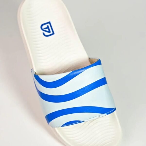 BEL-AIRE Air Slide Sandal with Blue Wave Stripe Strap, White Cushioned Sole, Casual Beach Slipper, Unisex