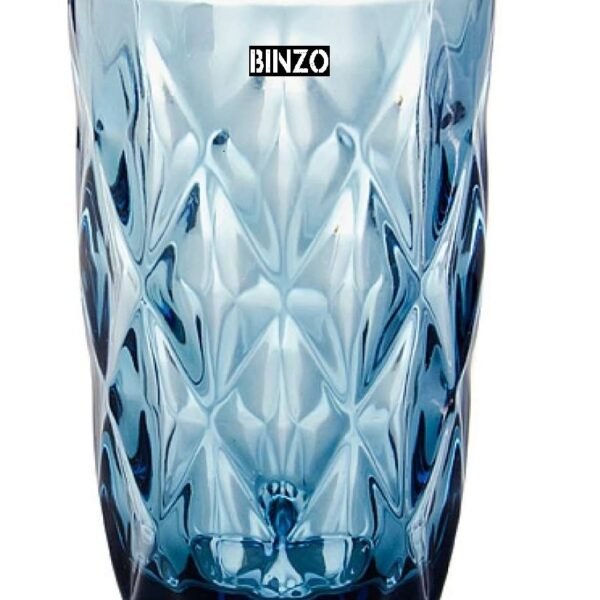 BINZO Color Water Glasses, Set of 6, 400 ml, Textured Blue Highball Colored Glassware, Drinking Tumbler Glass for Juice, Drinks, Home, Kitchen, Beverage, Gift (Blue, Long, 400 ml, Set of 6)