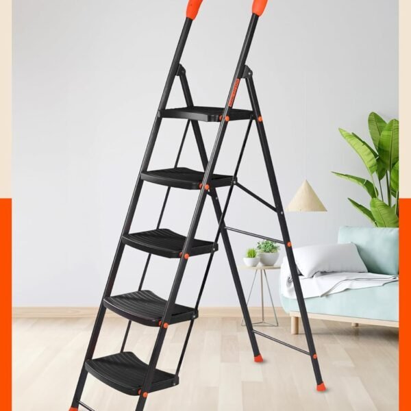 Bathla 5 Step Ascend Steel Ladder for Home Use | Large Platform (36 x 20.5 cm) | Wide Anti-Skid Steps | Safety Hand Grip | Heavy Duty Foldable | 120 kg Capacity | 2-Year Warranty | Orange & Black