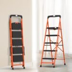 BonKaso Climb Easy 5 Step Heavy Duty Steel Folding Climbing Ladder for Home, Home & Office – with Safety Lock, Anti-Slip Wide Steps, Support Handle & Tool Tray (Orange & Black)