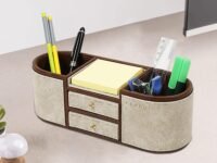CLADD! Vegan Leather Desk Organizer Storage Box for Table Top Stationery Supplies Ideal for Use Home | Office | Kitchen | Makeup (Cream)
