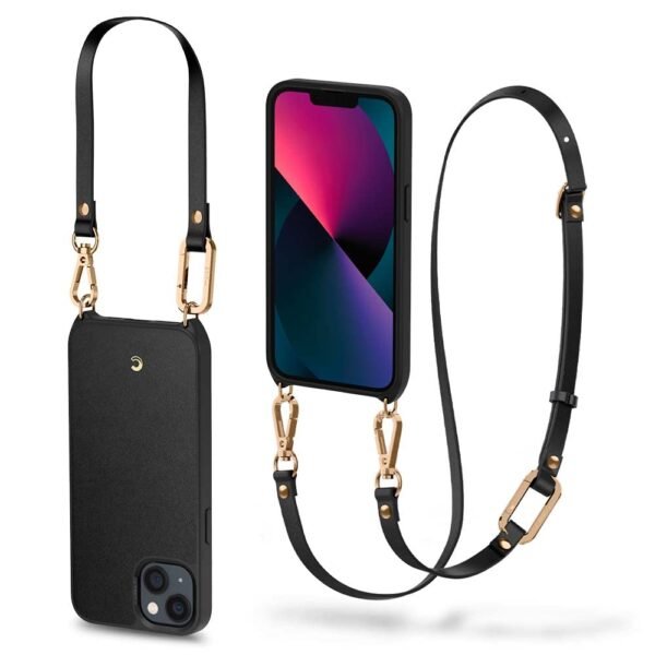 CYRILL Spigen Classic Faux Leather + TPU + Poly Carbonate + Crossbody Strap Charm Back Cover Compatible for iPhone 13 (Black)