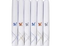 Caruso Italy Men's Initial Monogram (A-Z) Embroidery 100% Pure Cotton Handkerchief White Base With Colored Border - Pack Of 6
