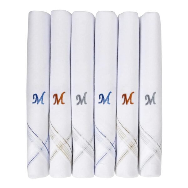 Caruso Italy Men's Initial Monogram (A-Z) Embroidery 100% Pure Cotton Handkerchief White Base With Colored Border - Pack Of 6