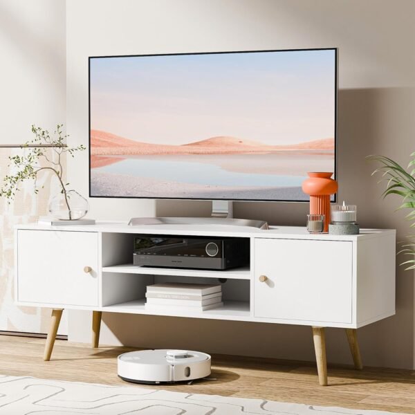 Cozy Castle Wood Mid-Century Modern Tv Stand For 55/60 Inch Tv, Entertainment Center With Storage Cabinet And Open Shelves, Tv Media Console For Living Room, Bedroom And Office, White
