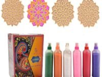 CraftVatika Set of 6 Rangoli Colour Powder Tube Kit with 4 Rangoli Templates Stencils Diwali Decoration Items Bottles Tool Floor Art Rang for Home Navratri Pongal Pooja Mandir Decor