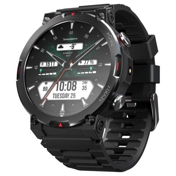 CrossBeats Everest 2.0 2026 Smart Watch for Men 1.43" True AMOLED, Always ON Display Bluetooth Calling Rugged Outdoor Flash Light Upto 15 Days Battery Life Smartwatch 100+ Sports Mode (Black)