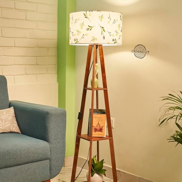 Crosscut Furniture Wooden Floor Lamp with Shelf (Farm Petals) LED Bulb Included.