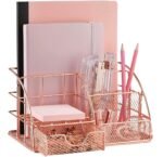 Desk Organizer with Drawer, 6 Compartments Metal Mesh Office Supplies Holder for Stationery, Makeup Brushes, Pens, Notebooks & Home Desk Storage (Rose Gold)