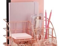 Desk Organizer with Drawer, 6 Compartments Metal Mesh Office Supplies Holder for Stationery, Makeup Brushes, Pens, Notebooks & Home Desk Storage (Rose Gold)