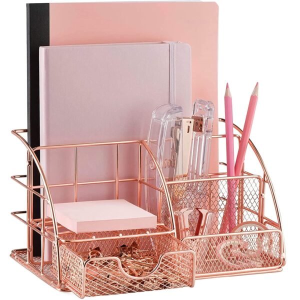 Desk Organizer with Drawer, 6 Compartments Metal Mesh Office Supplies Holder for Stationery, Makeup Brushes, Pens, Notebooks & Home Desk Storage (Rose Gold)